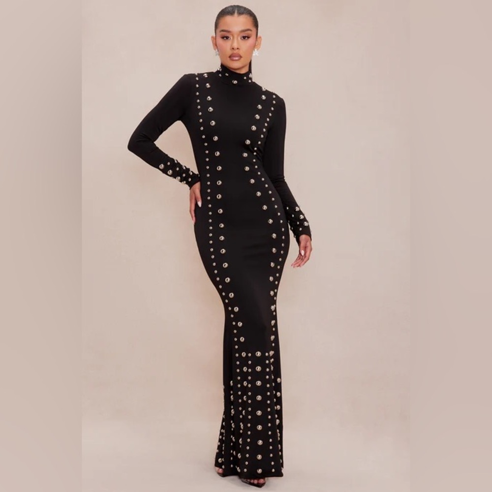 Fashion Nova Black Long Sleeve Studded Dress